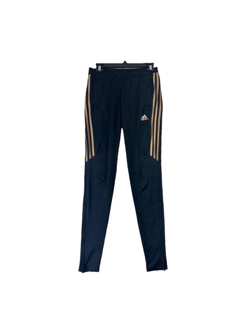 Adidas Womens Tiro 17 Black Tapered Training Pants Sz XS Gold Stripe Track Zip